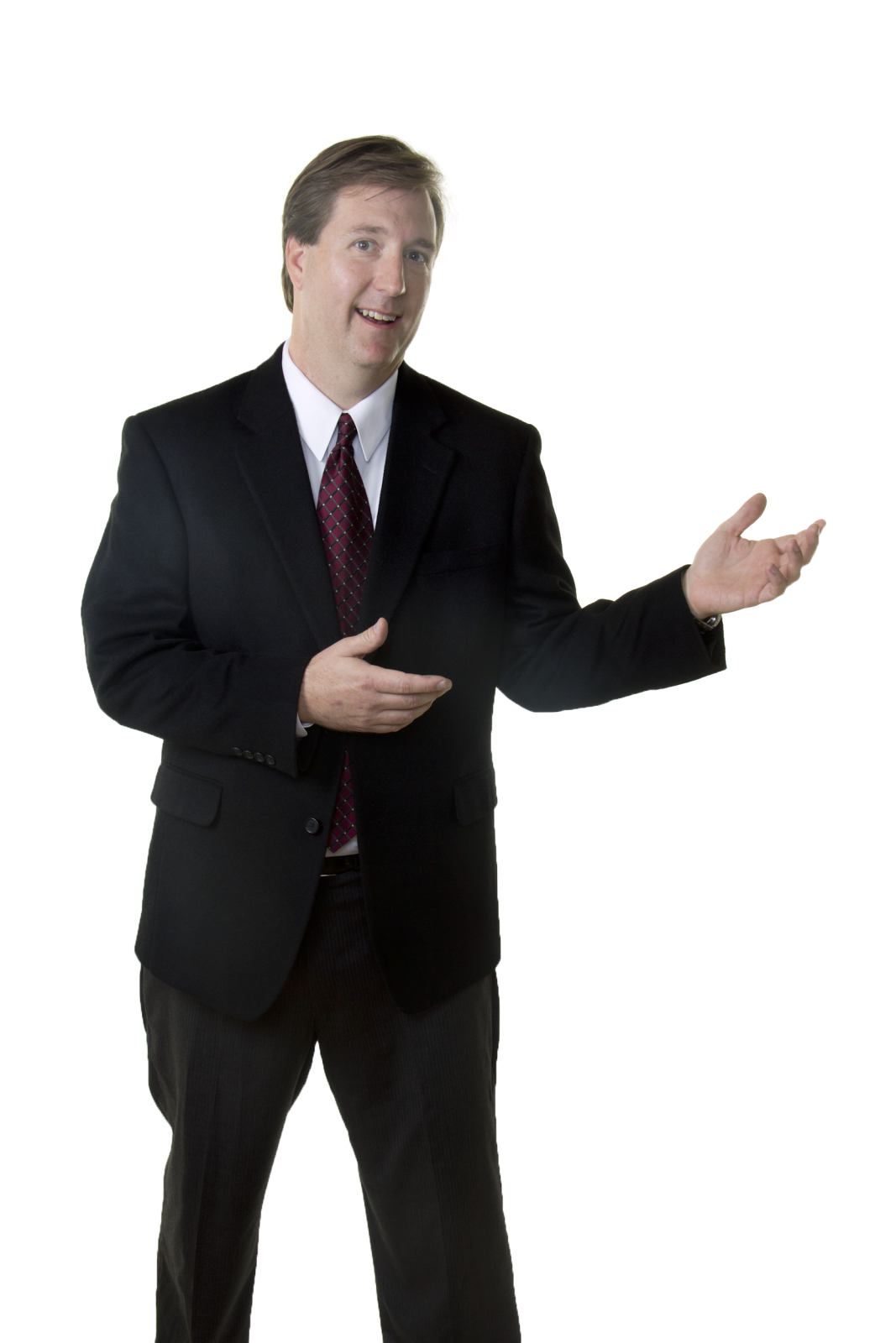 a man in a suit and tie with his hands out