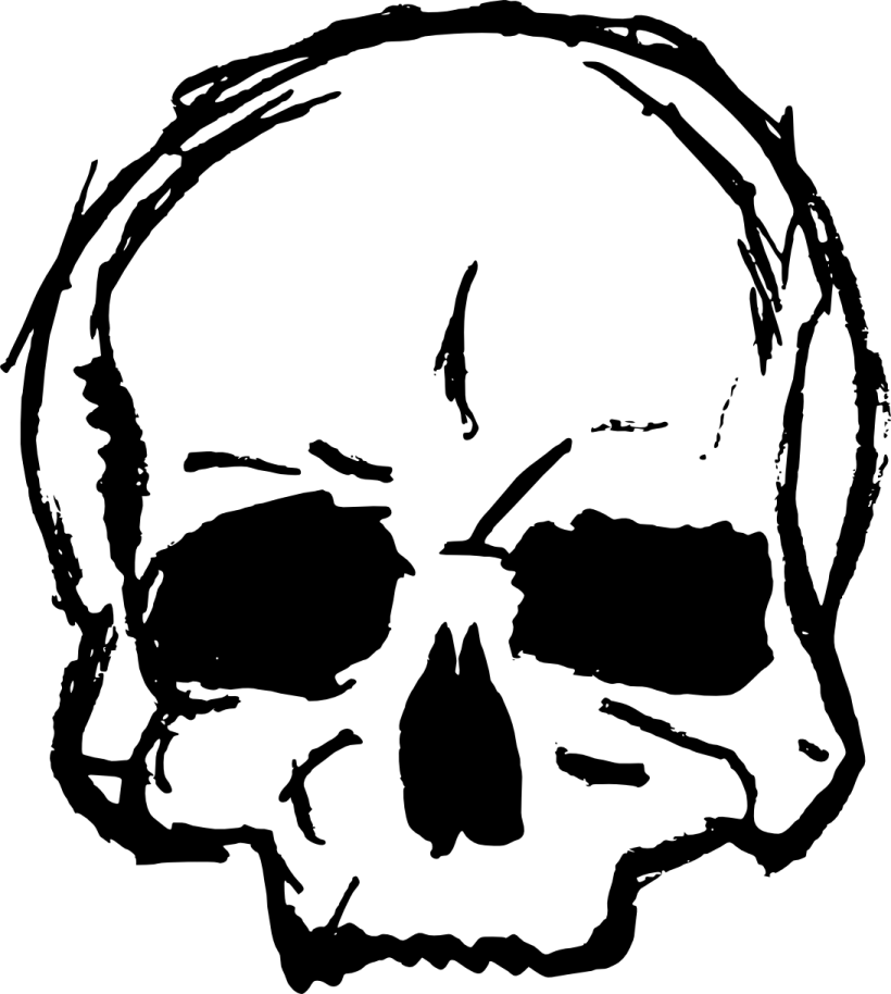 a black and white drawing of a skull