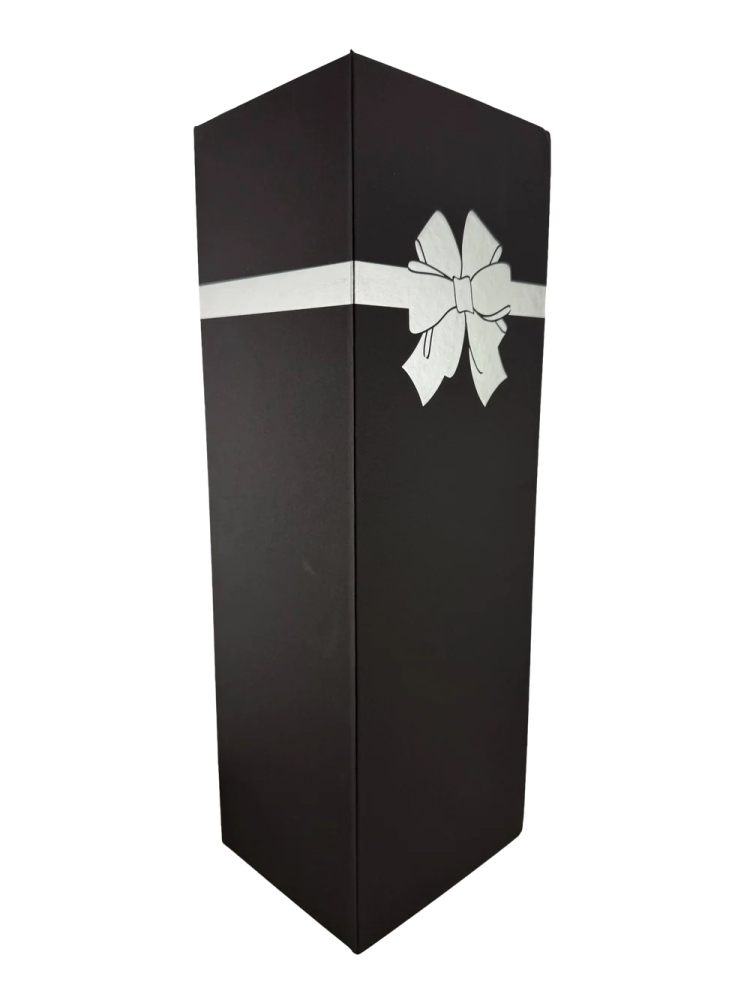a black gift box with a white bow