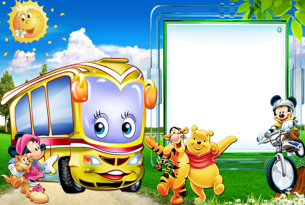 a group of cartoon characters standing in front of a bus