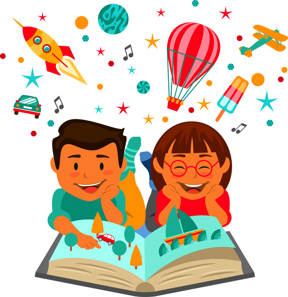 a boy and girl are reading a book