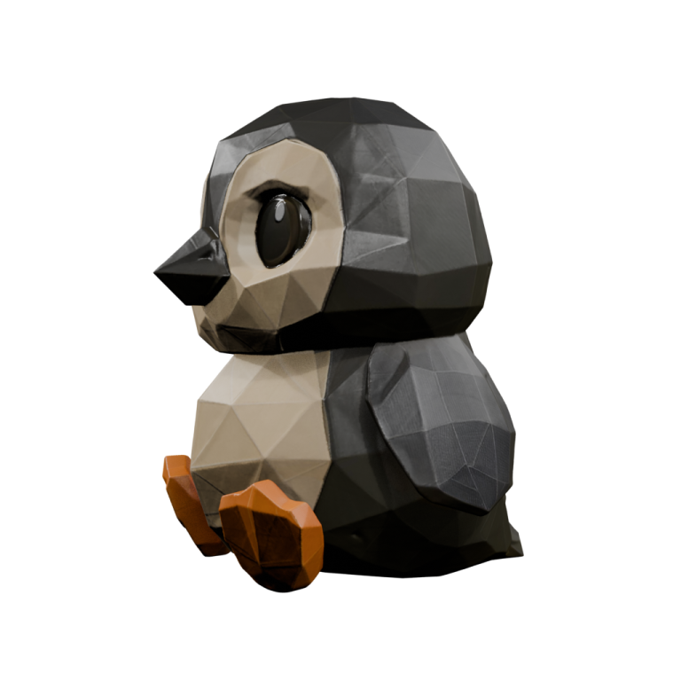 a black and white penguin sitting on a white background