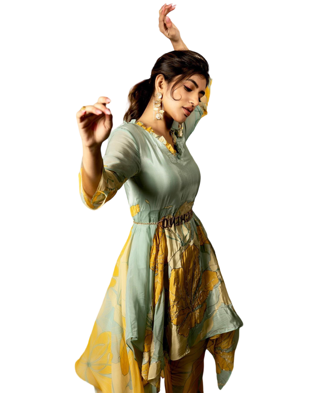 a woman in a green and yellow dress