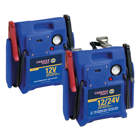 a pair of blue and red battery chargers