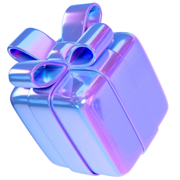 a purple gift box with a blue bow