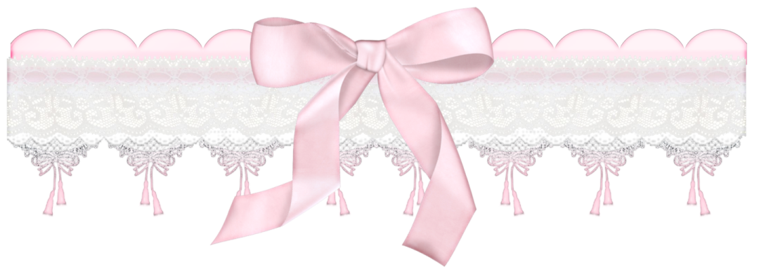a pink ribbon with white lace and bows