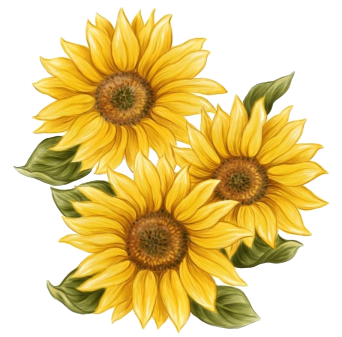 three yellow sunflowers with green leaves
