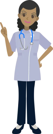 a female doctor with a stel pointing at the camera