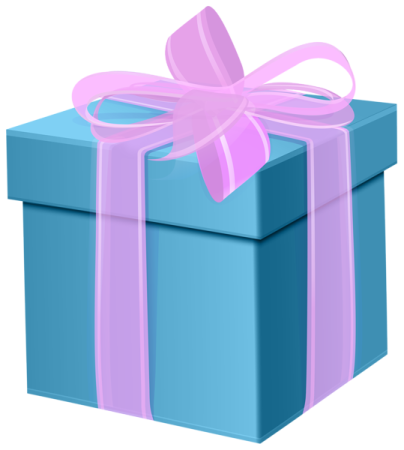 a blue gift box with a pink ribbon