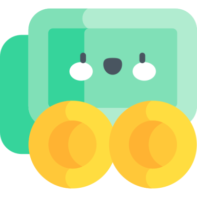 a green train with two gold coins on it