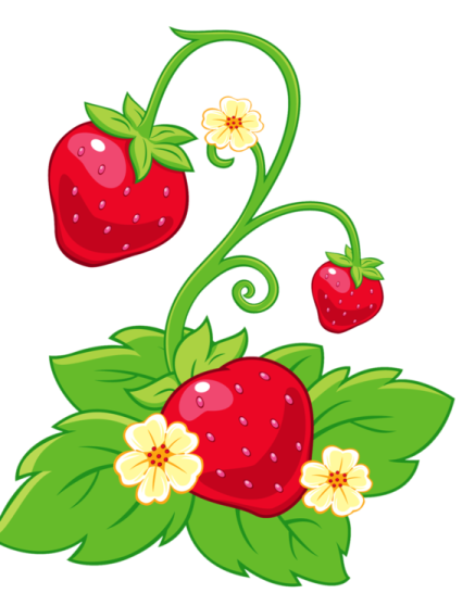 a red strawberry with green leaves and flowers