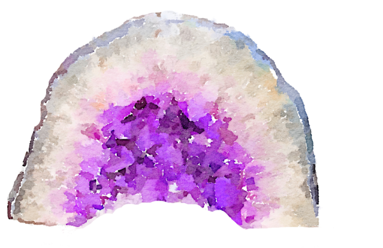 a watercolor painting of a rock with purple crystals