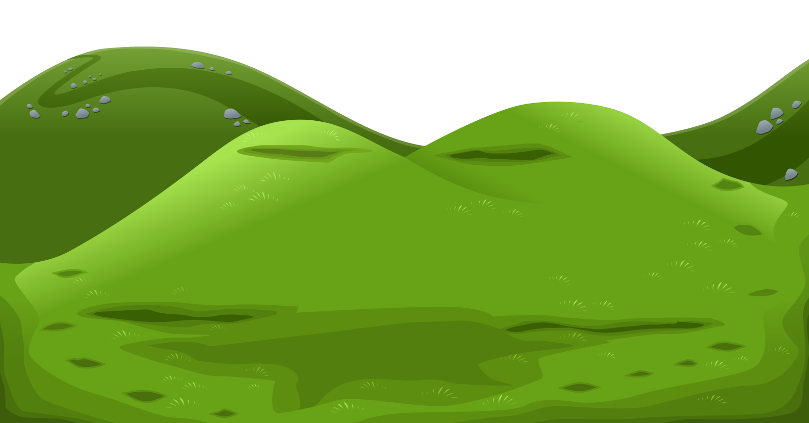 a green hill with rocks and grass