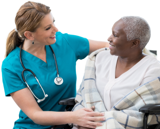 a woman in a wheelchair with a doctor