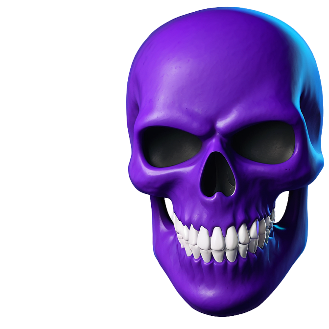 a purple skull with teeth and fangs
