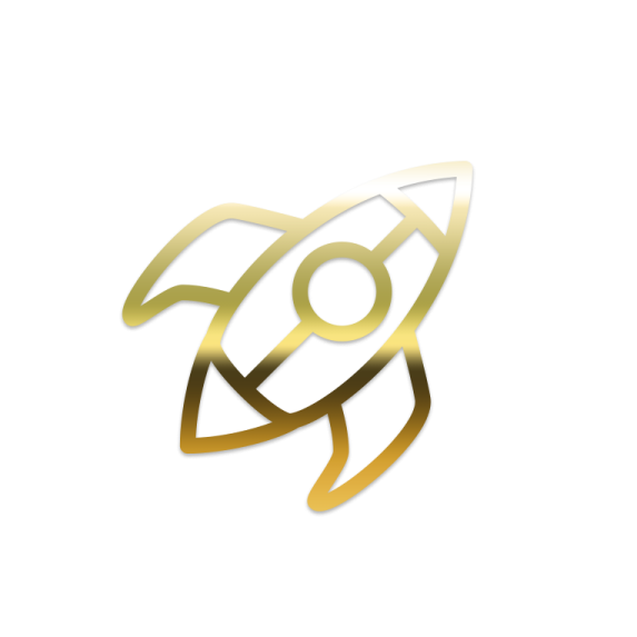 a gold rocket logo with a white background