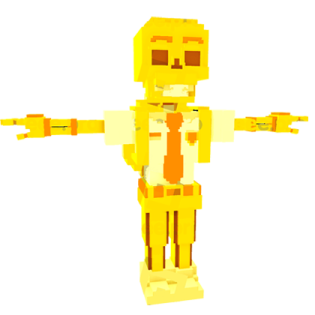 an orange and white robot with arms outstretched