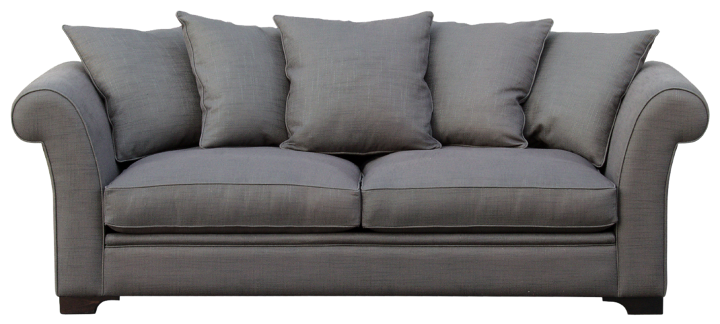 a grey couch with pillows on it