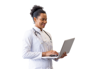 a woman in a white lab coat holding a laptop