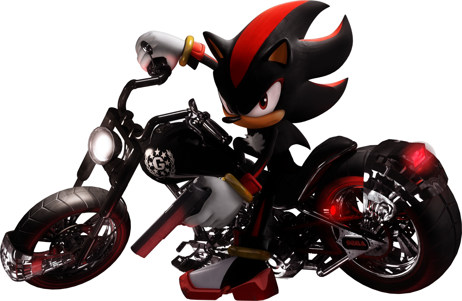 a black and red cartoon character riding a motorcycle