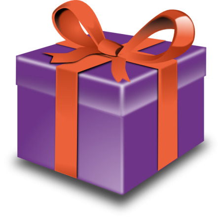 a purple gift box with a red ribbon