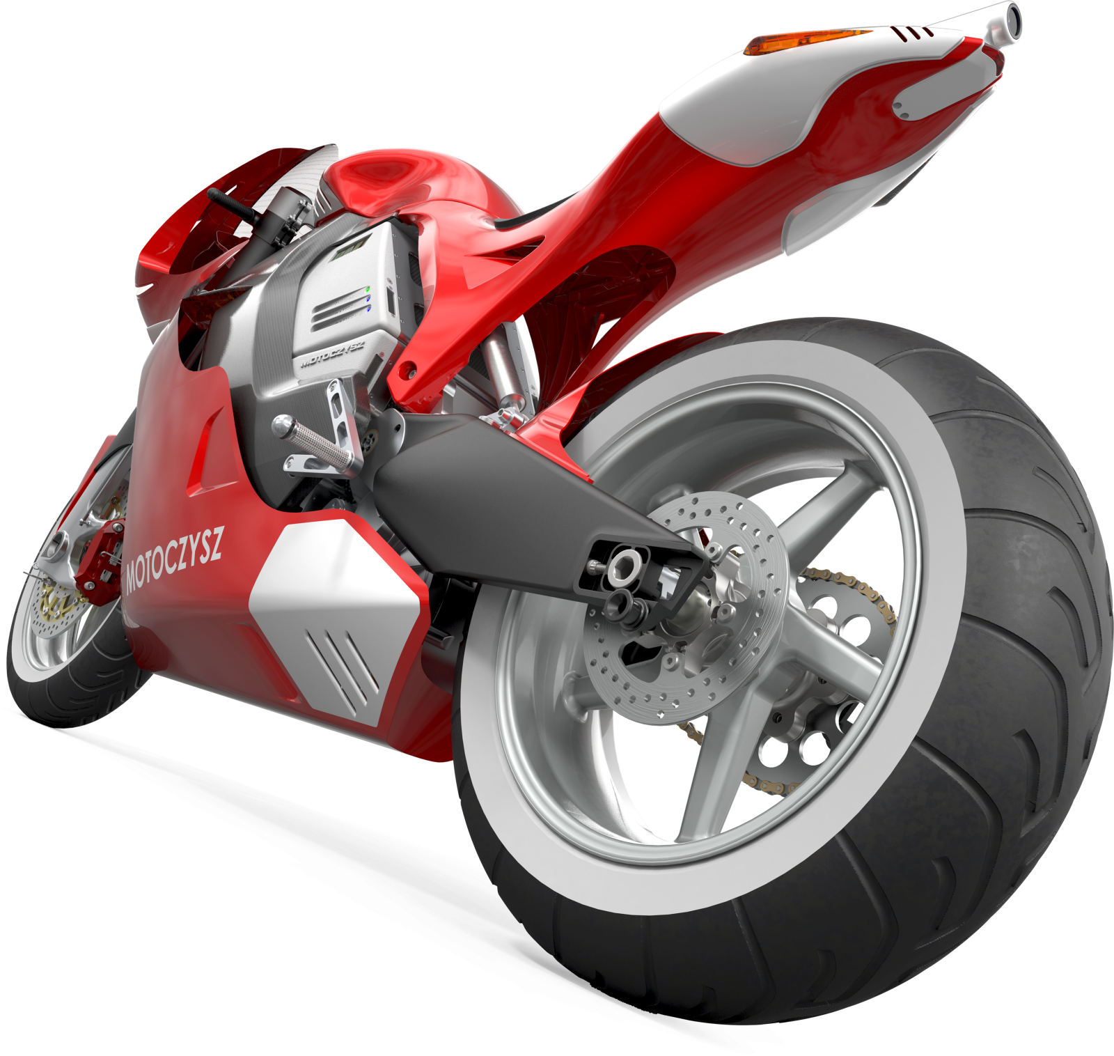 a red motorcycle is shown on a white background