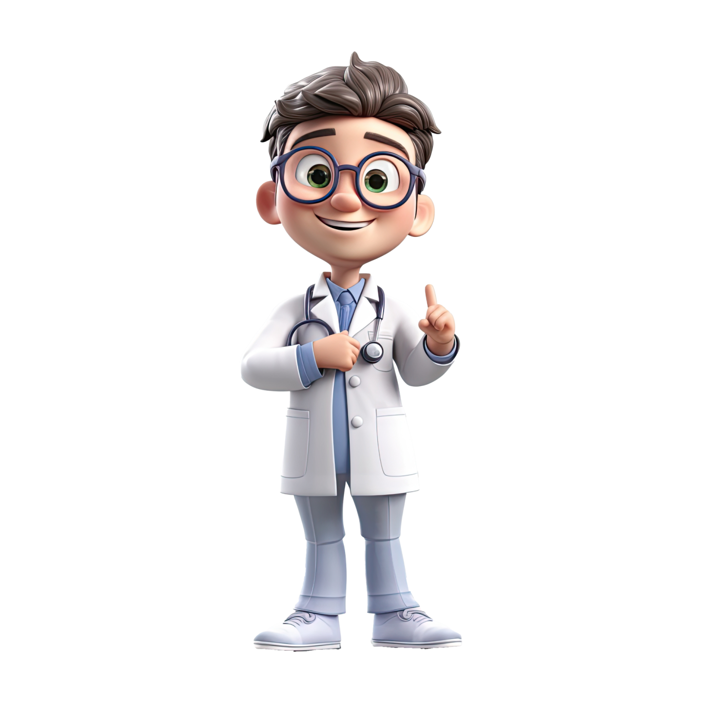 a cartoon character with glasses and a white coat