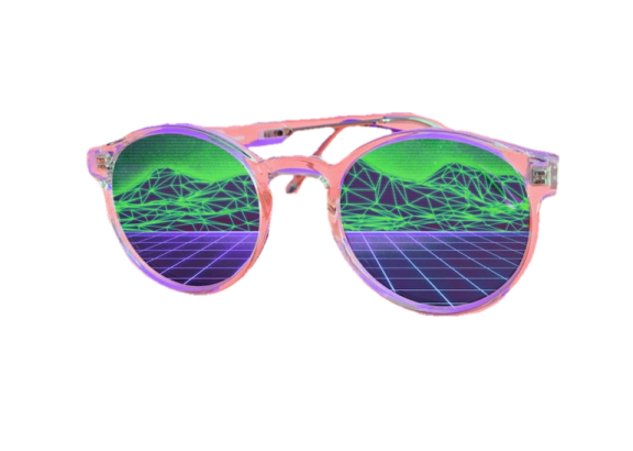 a pair of sunglasses with pink frames and green lenses