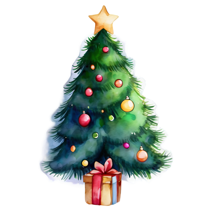 a watercolor christmas tree with presents on it