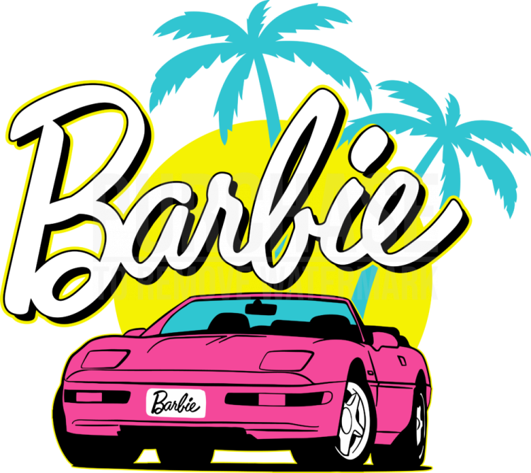 a pink car with palm trees in the background