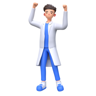 a man in a white lab coat and blue pants