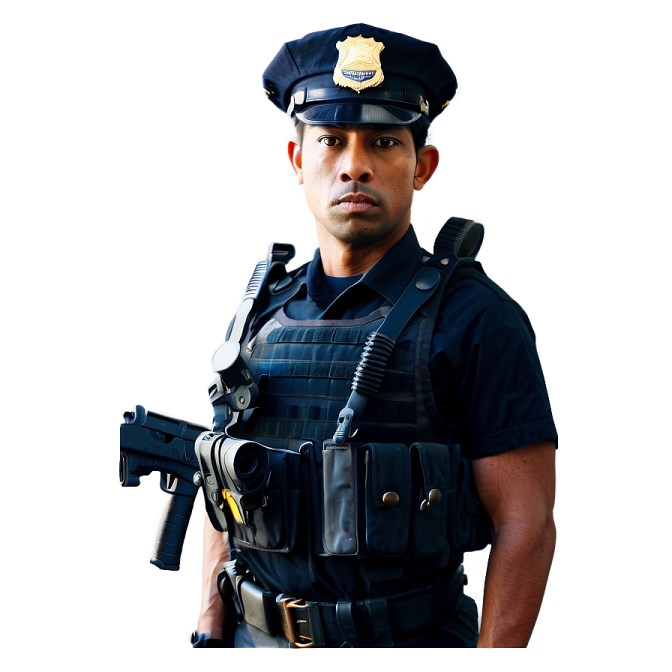a man in a police uniform holding a gun