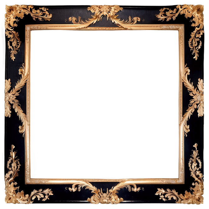 an ornate black and gold frame with a white background