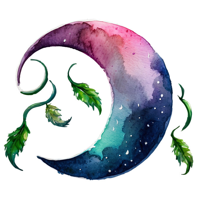 a watercolor painting of a crescent with green leaves on it