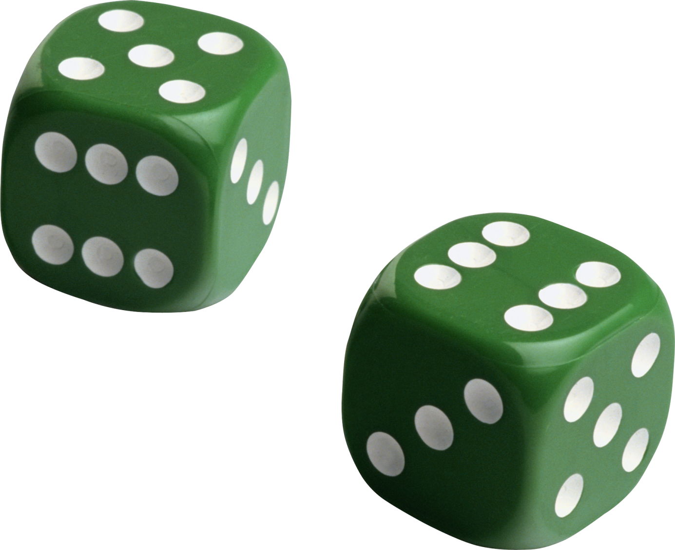 two green dice with white spots on them