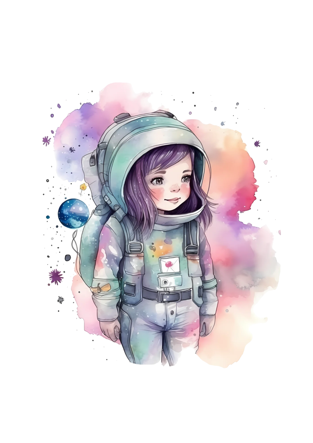 a watercolor drawing of a girl wearing an astronaut suit