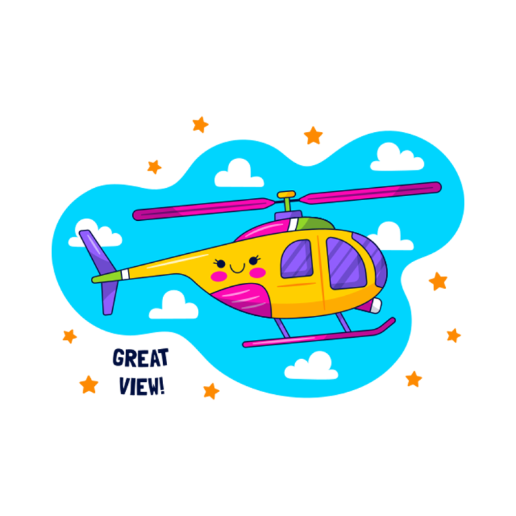 a yellow helicopter flying in the sky with stars around it