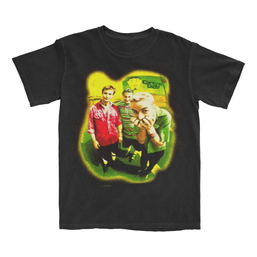 a black t - shirt with an image of two men and a woman