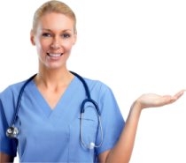 a woman in scrubs holding out her hand