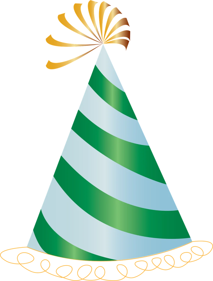 a green and white party hat with a bow on top