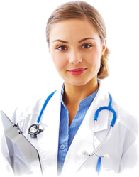 a woman in a white coat with a stel
