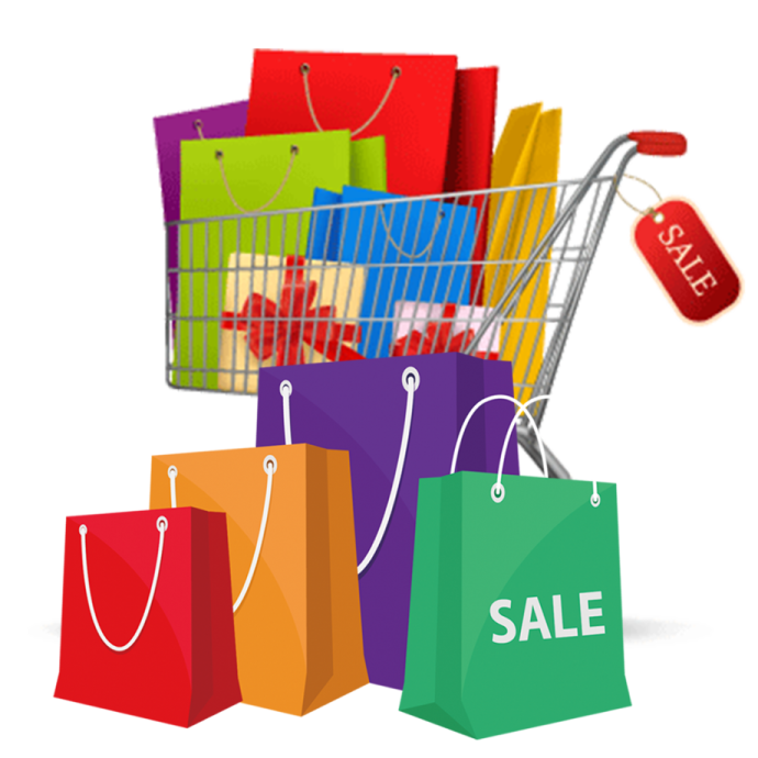 a shopping cart filled with colorful shopping bags