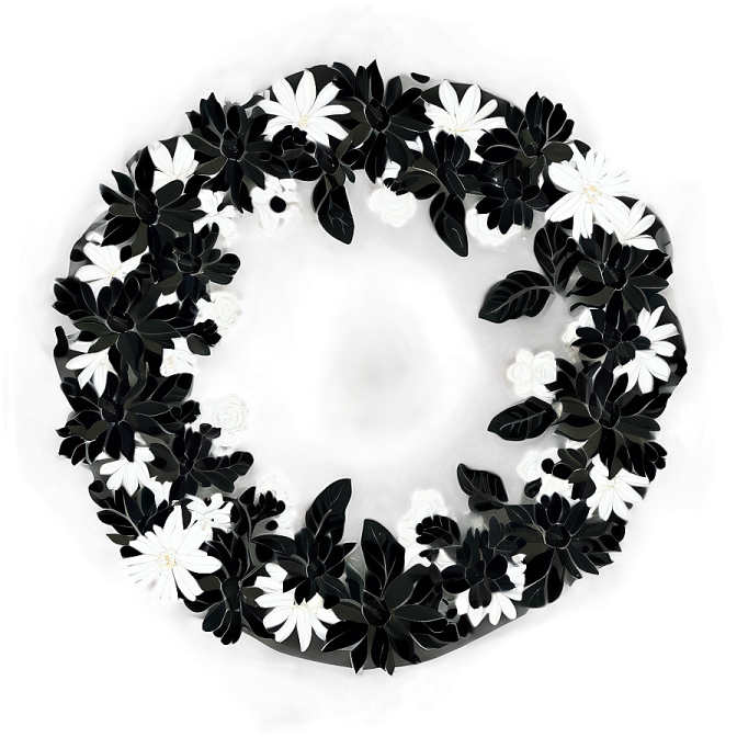a black and white wreath with flowers