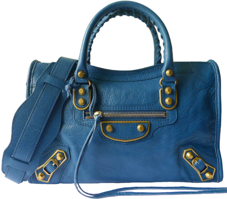a blue handbag on a white background