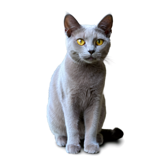 a gray cat with yellow eyes sitting down
