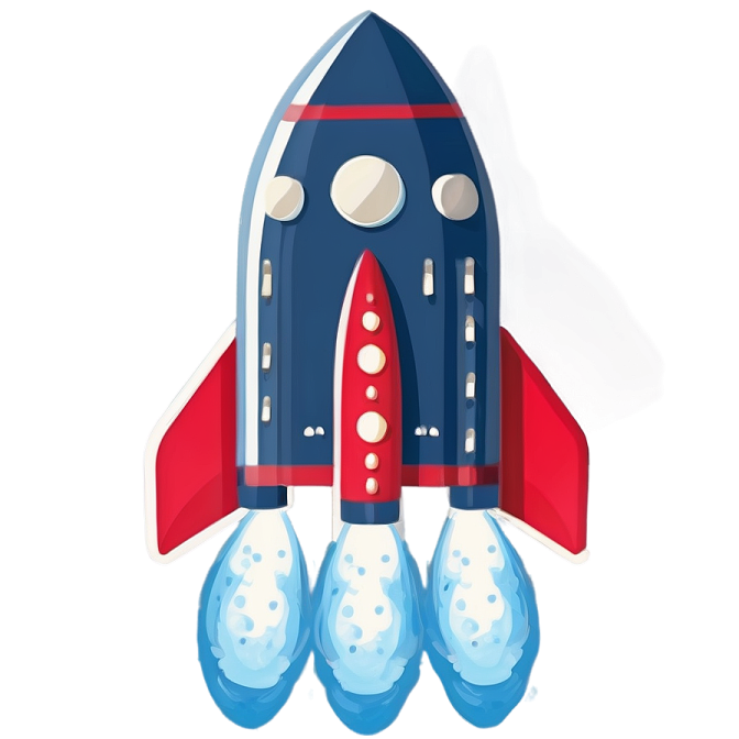an illustration of a blue rocket with red and white stripes