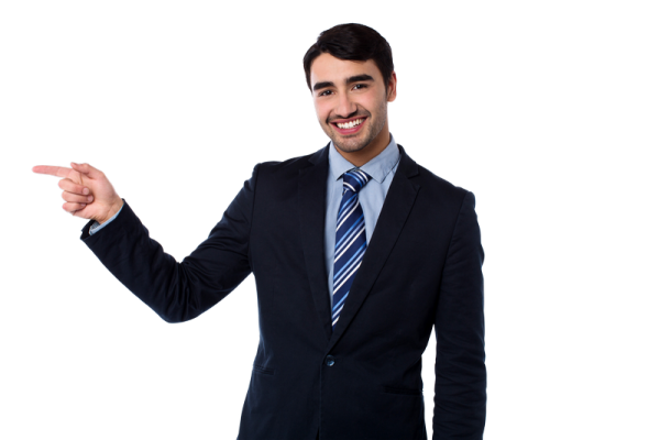 a man in a suit pointing at something
