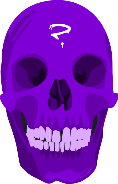 a purple skull with teeth and fangs