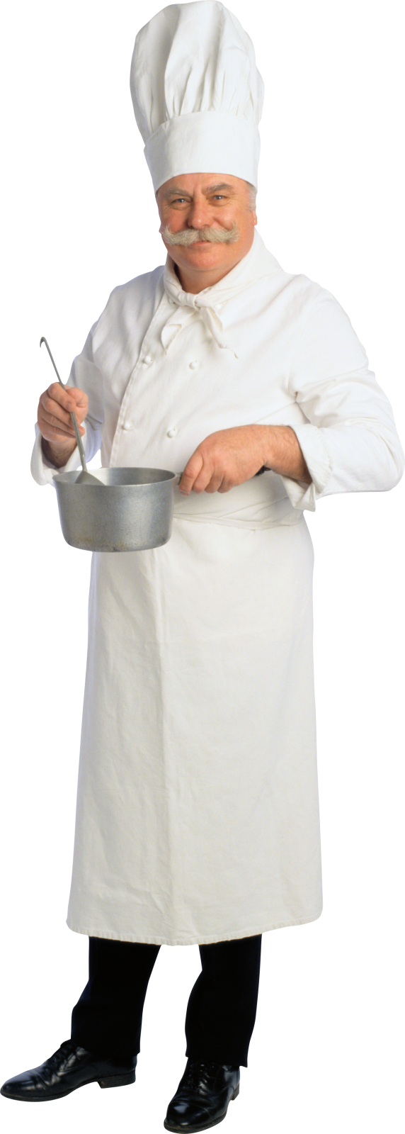 a man in a chef's uniform holding a pan