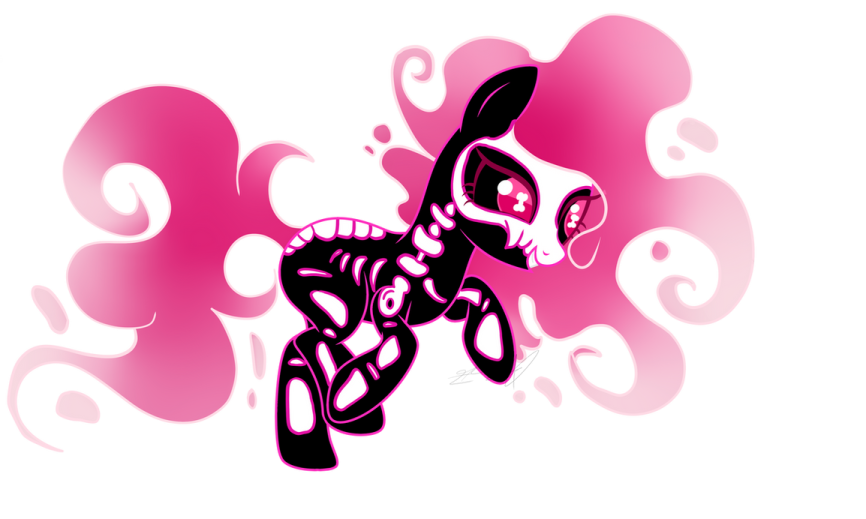 a black and white pony with pink hair